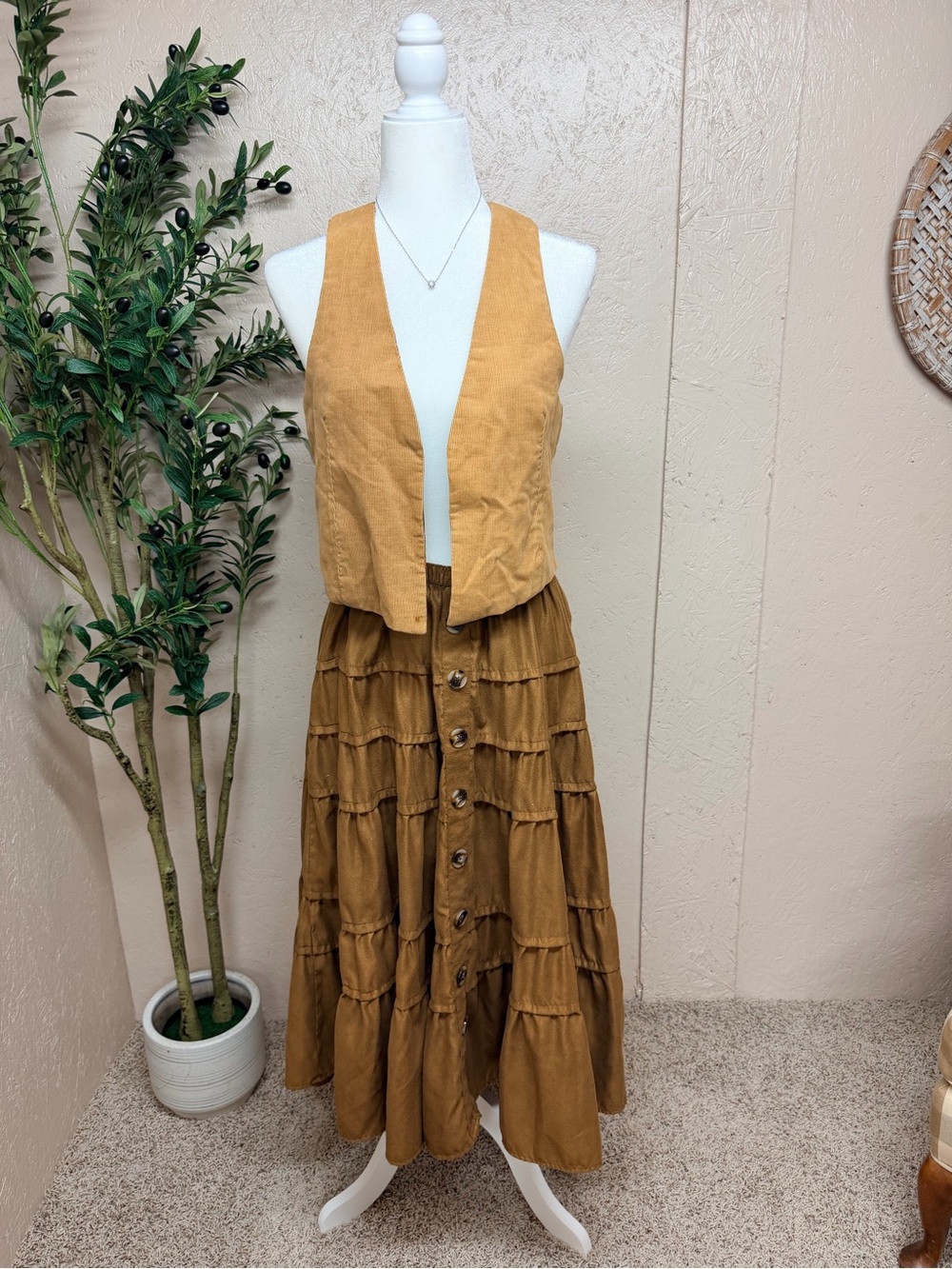 Woman Within Brown Tiered Button Skirt